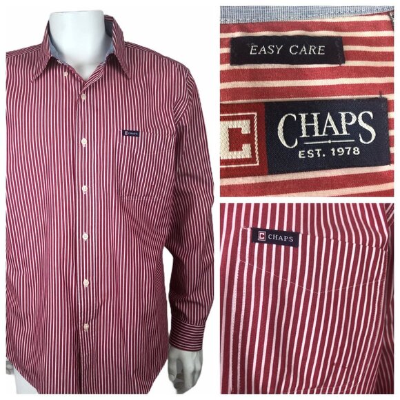 Chaps Easy Care Mens Sz Lg Red Stripe Button-Down Shirt–Classic Business Casual - Picture 2 of 12